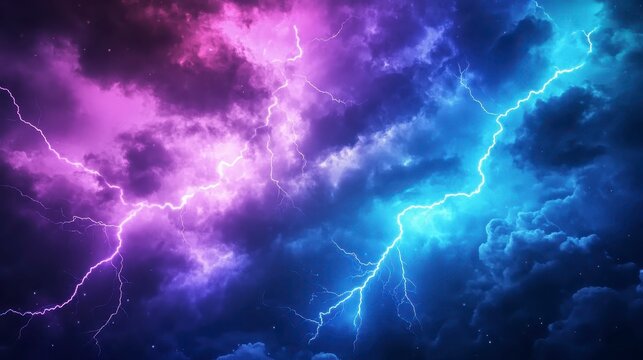 Dramatic stormy sky with vibrant purple, pink, and blue lightning flashes against dark clouds. A pixelated effect enhances the visual texture