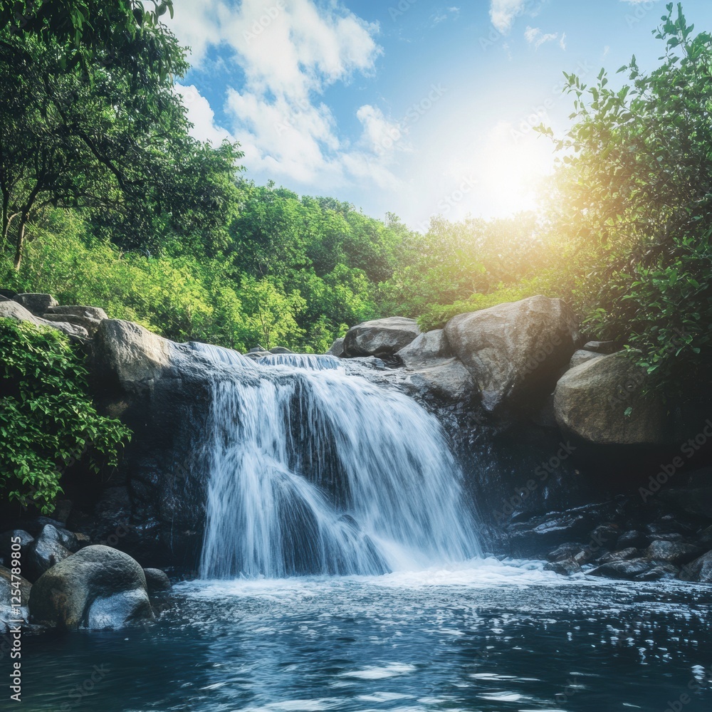 Poster waterfall cascades gently into a serene pool surrounded by lush greenery during a sunny afternoon. g