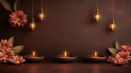 Brown background with decorative flowers, hanging lights and oil lamps, creating a warm and inviting atmosphere