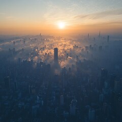 Naklejka premium Cityscape sunrise, aerial view, fog, buildings, urban scene, for travel brochures