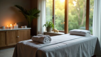 Fototapeta premium Serene Spa Treatment Room Ready for Relaxation with Soft Towels and Natural Light