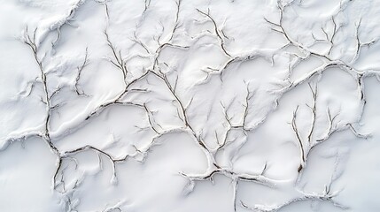 A high-angle view of crisscrossing animal tracks creating patterns in the fresh snow.
