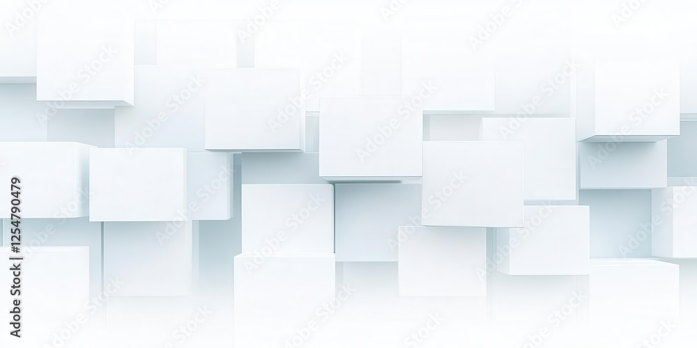 Poster white cube boxes subtly shift and overlap, disrupting the monotony of a wallpaper banner, creating a