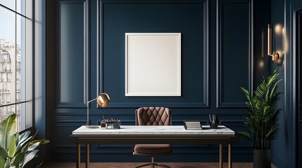 A high-rise office space with deep navy walls, a marble desk, and a centered white frame.