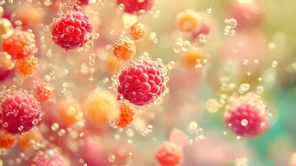 Abstract image of floating berries and bubbles, in soft pastel colors, with a focus on the texture and movement of the fruit