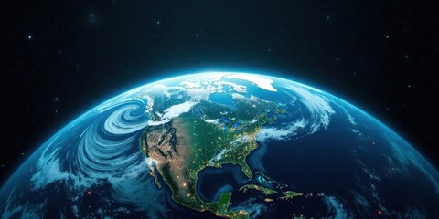 A Breathtaking View of Planet Earth at Night, Showcasing the North American Continent with its City Lights and Encircling Atmospheric Phenomena