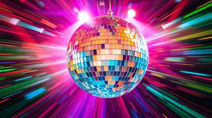 Obraz premium disco ball with vibrant light streaks.