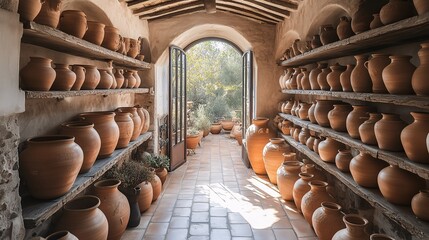 Obraz premium Rustic Pottery Storage Room with Clay Pots
