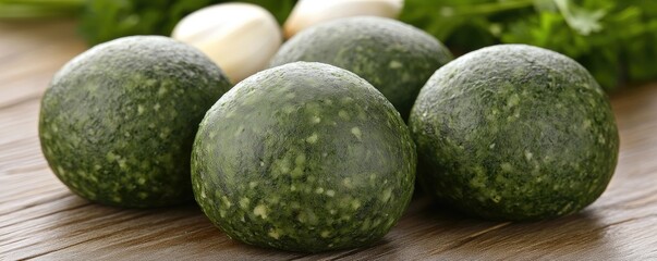Green food balls on wood, herbs background, healthy eating