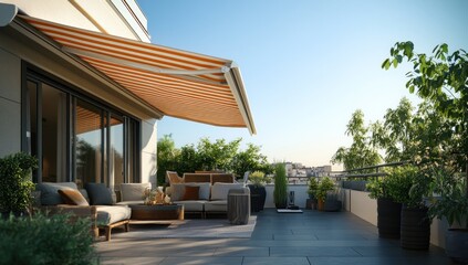 Fototapeta premium Relaxing Rooftop Terrace with Orange Awning