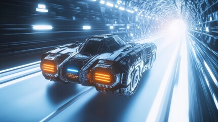Fototapeta na wymiar A vehicle travels through a glowing digital tunnel, showcasing futuristic technology and vibrant colors