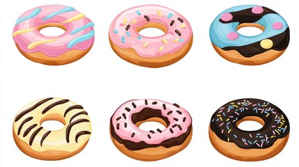 A charming collection of six different donuts, each featuring vibrant icing and playful toppings, perfect for a sweet treat or dessert buffet. Ideal for food lovers and dessert enthusiasts