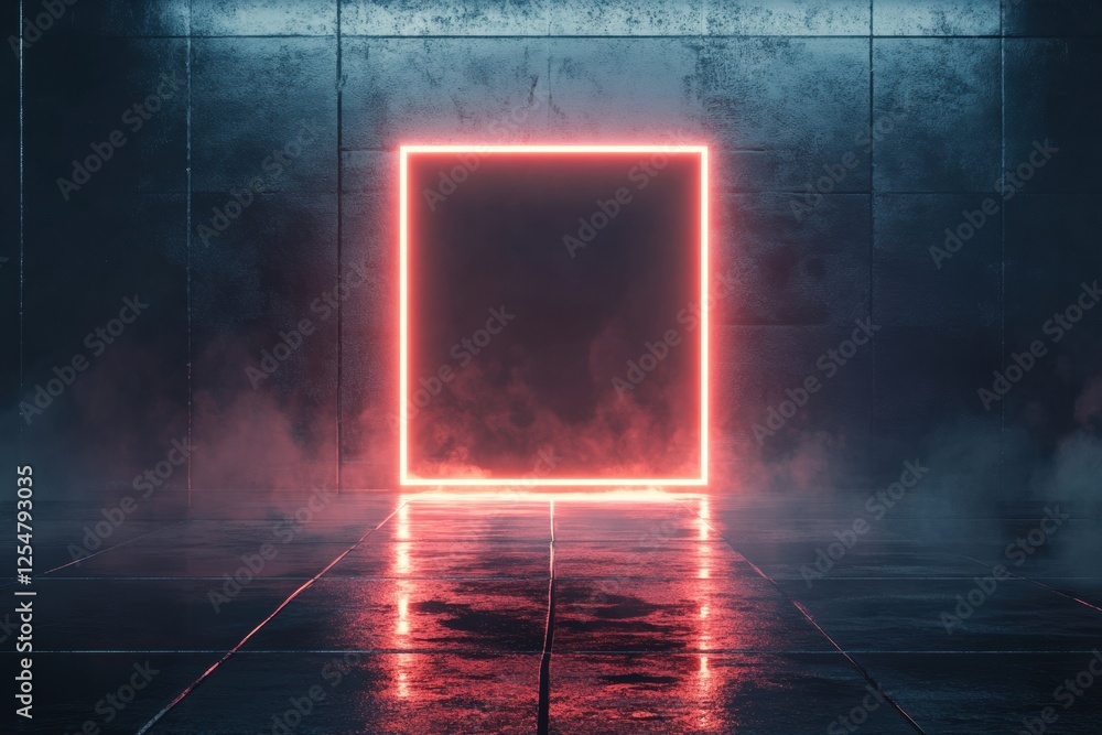 Fototapete Intriguing neon square in a misty environment creates a striking visual contrast on shiny floor surface. Generative AI