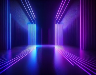 Fototapeta premium 3d render, blue pink violet neon abstract background, ultraviolet light, night club empty room interior, tunnel or corridor, glowing panels, fashion podium, performance stage decorations