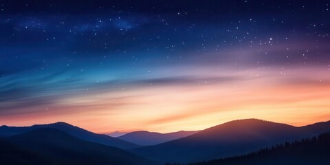 As the sun sets, majestic mountain silhouettes are kissed by golden light against a vibrant, star-studded sky.