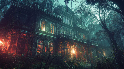 Abandoned Victorian mansion surrounded by lush greenery and foggy atmosphere at dusk