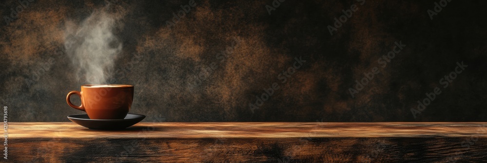 Aufkleber enjoying warm coffee with steam rising on a rustic wooden table in a cozy setting during a calm morn