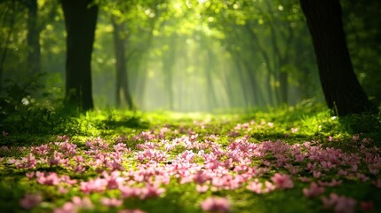 Obraz premium Sunlit forest path strewn with pink petals. Perfect for spring, nature, or serenity themes.