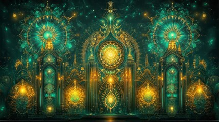 Fototapeta premium Impressive stage backdrop with gold structures, vibrant teal and gold fireworks, creating a magical and celebratory atmosphere
