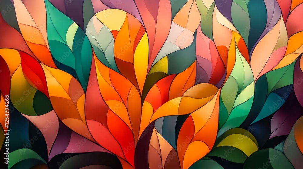 Poster vibrant abstract illustration of colorful leaves in various shapes and sizes, creating a lively atmo