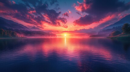 Fototapeta premium Serene Sunset Over a Misty Mountain Lake