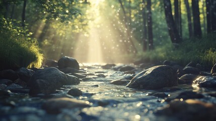 Sunlit forest stream, tranquil nature scene, calm water, background greenery, perfect for relaxation