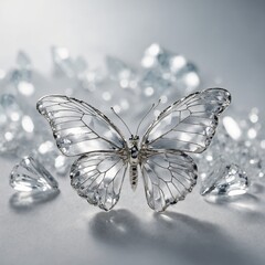.A delicate butterfly with silver-edged wings gently resting within a pure, heart-shaped crystal, exuding peace in a white dreamlike space.