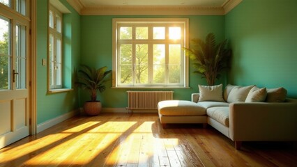 Sunlight streams through a large window illuminating a calm living room with a sectional sofa, potted plants, and hardwood floors