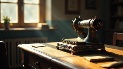 Antique mechanism on wooden desk in sunlit room