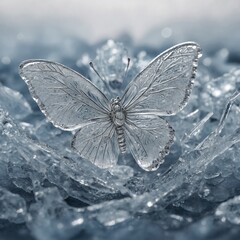 A frost-kissed silver butterfly frozen inside a delicate heart-shaped ice crystal, resting softly in a dreamy white setting.