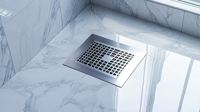 A modern bathroom floor with a square stainless steel drain cover set in marble tiles, clean and dry.