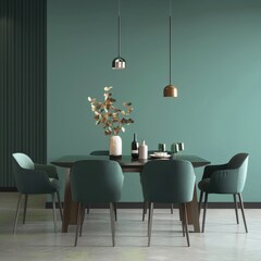 Modern dining room with a green wall. six chairs. a table. and two hanging lights