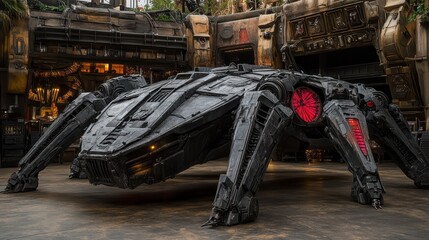 Obraz premium Large dark gray metallic creature with glowing red accents, positioned outdoors in a gritty, urban setting. The creature has multiple articulated