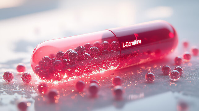 Photo of a bold red capsule with glossy transparent coating filled with L-Carnitine, designed for fitness and fat-burning supplements.