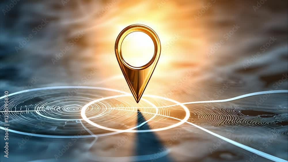 Poster a golden location pin is placed on a map, illuminated by a light source, suggesting navigation or lo