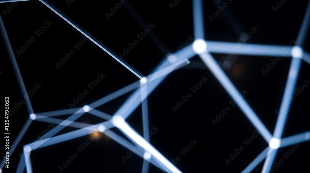 Poster interconnected glowing nodes with blue light connections on black background. perfect for networking