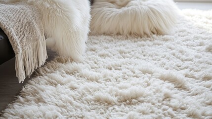 A plush, fuzzy rug with a soft, deep texture, inviting comfort and warmth.