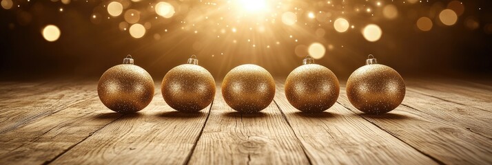 Golden ornaments on wood, festive lights, holiday season