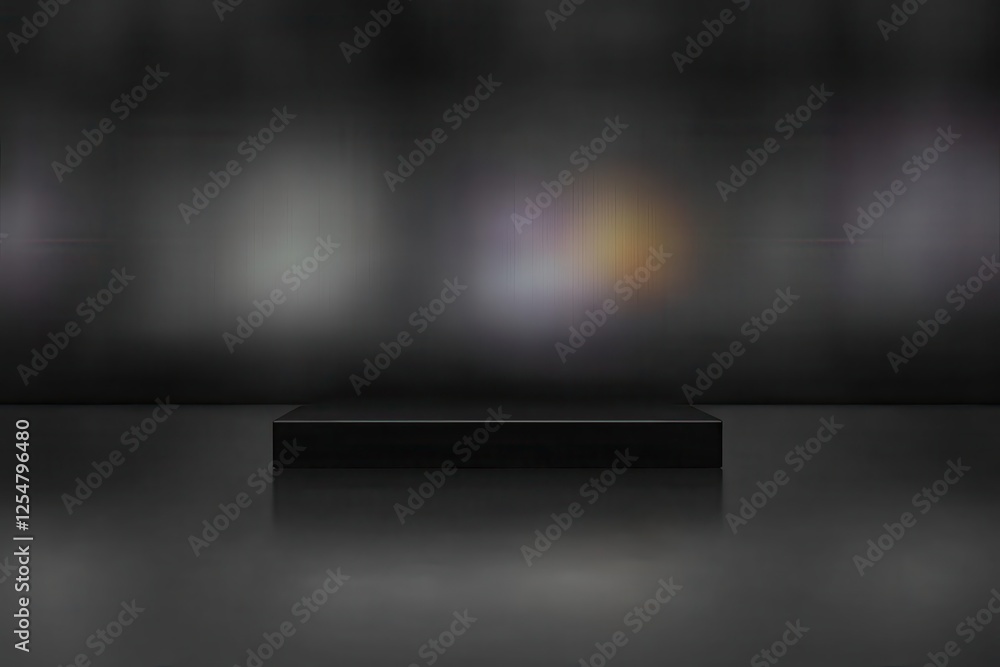 Poster a single light source illuminates a stark black podium, casting a mysterious, ethereal glow from abo
