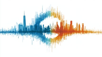 Obraz premium Colorful Abstract Cityscape Illustration with Sound Wave Element Representing Urban Energy and Rhythm of City Life