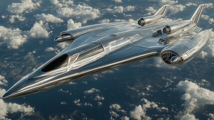 Metallic spacecraft soaring above scattered clouds, detailed design, futuristic craft in flight, chrome finish, aerial perspective, digitally