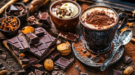 Richly arranged hot chocolate with chocolate pieces, nuts, and spices on a rustic wooden table