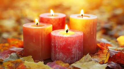 Warm autumn scene featuring glowing candles surrounded by colorful fallen leaves in a serene setting