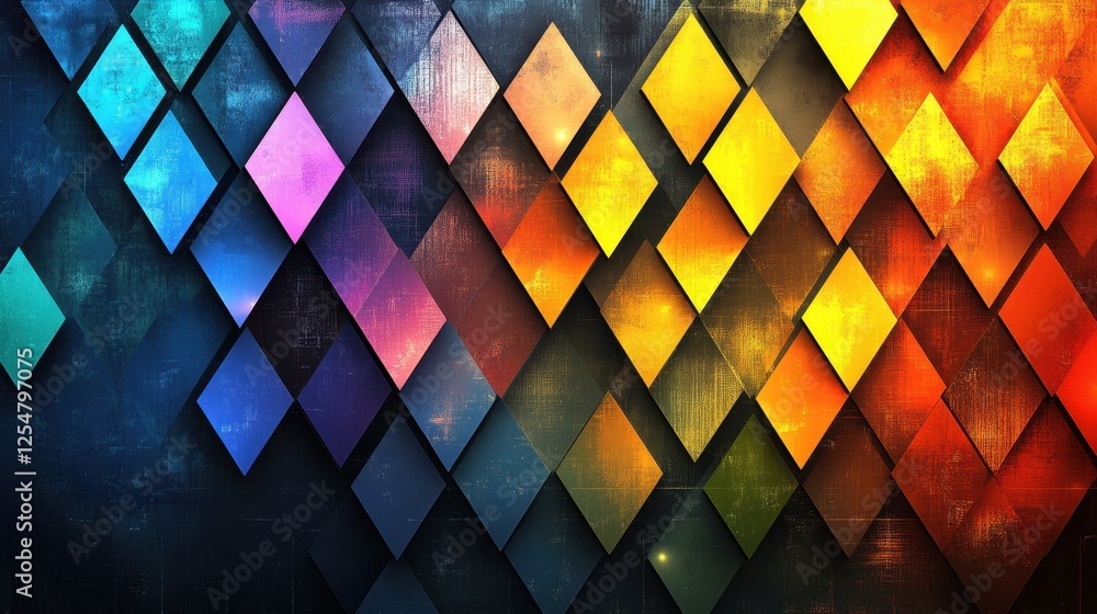 Poster Colorful diamond patterns create a vibrant tapestry of shapes and hues on a dark textured background