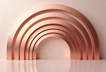 Fototapeta premium 3D render of rose gold metallic arched rings or semicircles on a light pink background with soft reflections, for product display or presentation
