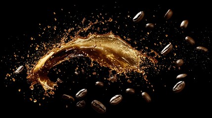 A rich coffee splash with beans scattering around, frozen in mid-air, creating a dramatic effect on a dark background.