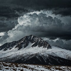 Storm Over the Summit &ndash; Dark storm clouds rolling over a massive, icy mountain, with strong winds blowing snow off the peaks, creating a dramatic and intense atmosphere.