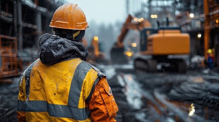 A construction worker in protective gear observes machinery at a snowy job site, highlighting safety and industry challenges.