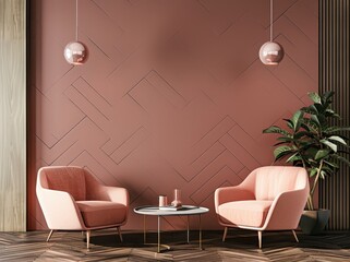 Two pink armchairs face each other with a round table in the middle A potted plant sits in the corner of the room The wall is painted in a dusty pink with a subtle geometric pattern
