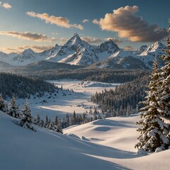 Frozen Wilderness &ndash; A vast, untouched snowy mountain range with thick pine forests blanketed in white, creating a serene and peaceful atmosphere.